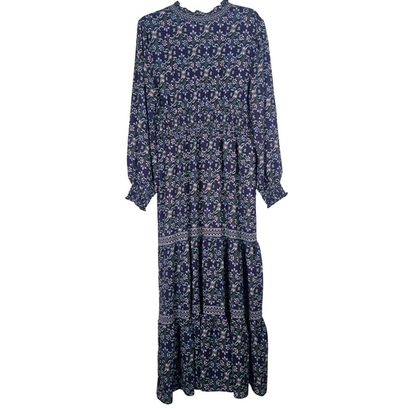 Max Studio London Navy Blue Floral Tiered Maxi Dress XL Smocked Boho Peasant - Picture 9 of 9